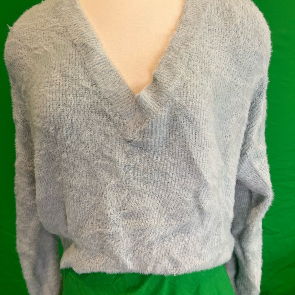 Topshop Light Gray Fuzzy V-Neck Sweater